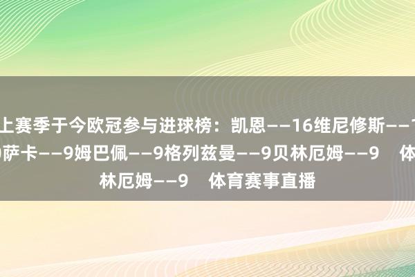 上赛季于今欧冠参与进球榜：凯恩——16维尼修斯——10福登——10萨卡——9姆巴佩——9格列兹曼——9贝林厄姆——9    体育赛事直播